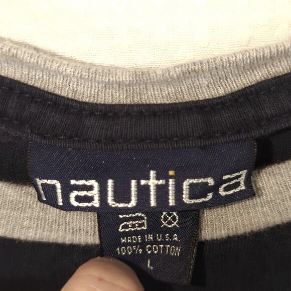 Nautica T Shirt Mens Large USA Vintage 90s Navy Blue Spell Out Logo Ringer Tee - Picture 2 of 3
